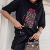 COCOMORE T- shirt Bluzka Czarny z Nadrukiem FOREVER Róża+ Panterka 40/L NEW - obrazek 6