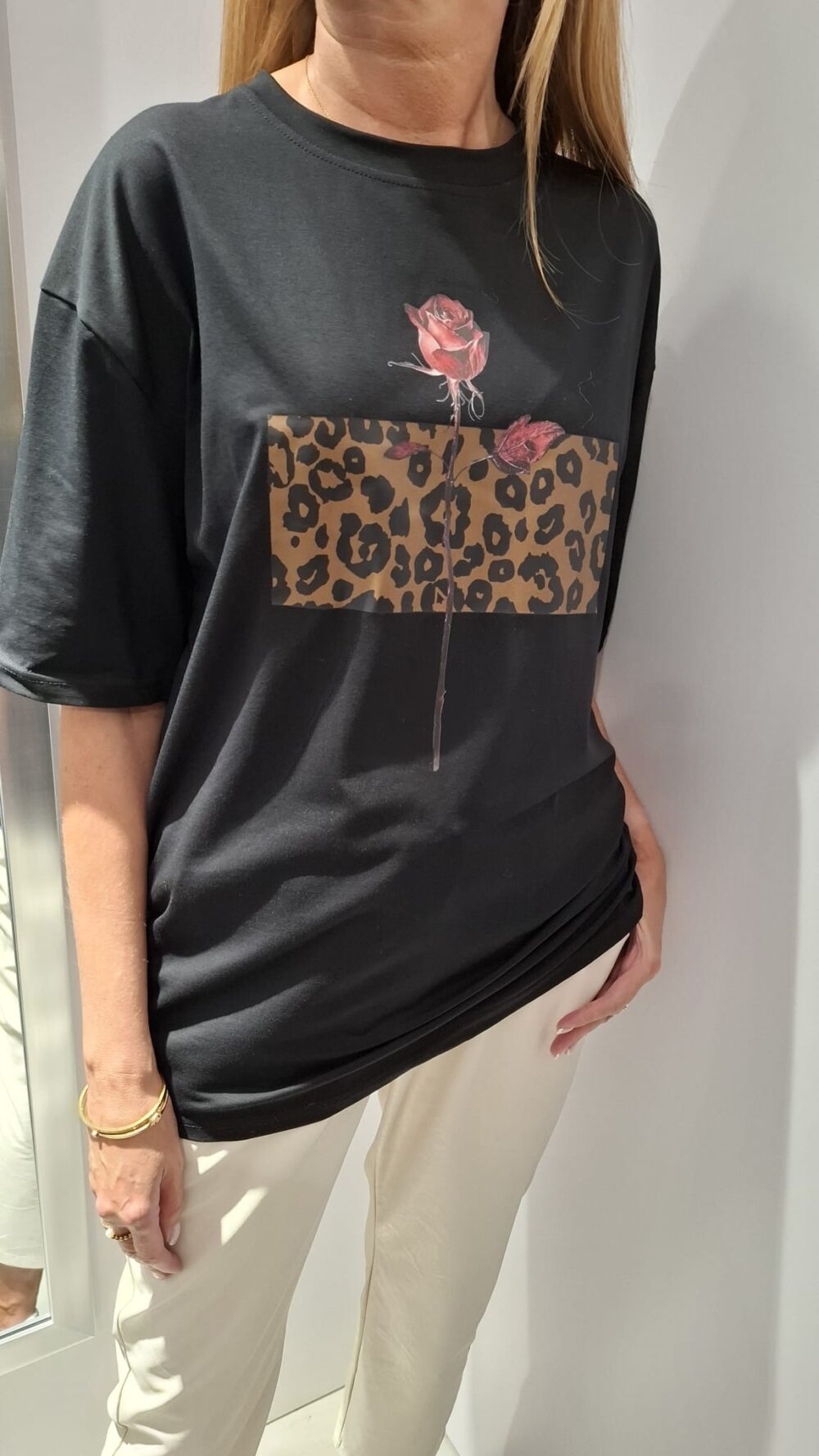 COCOMORE T- shirt Bluzka Czarny z Nadrukiem Róża + Panterka 36/S NEW) - obrazek 3