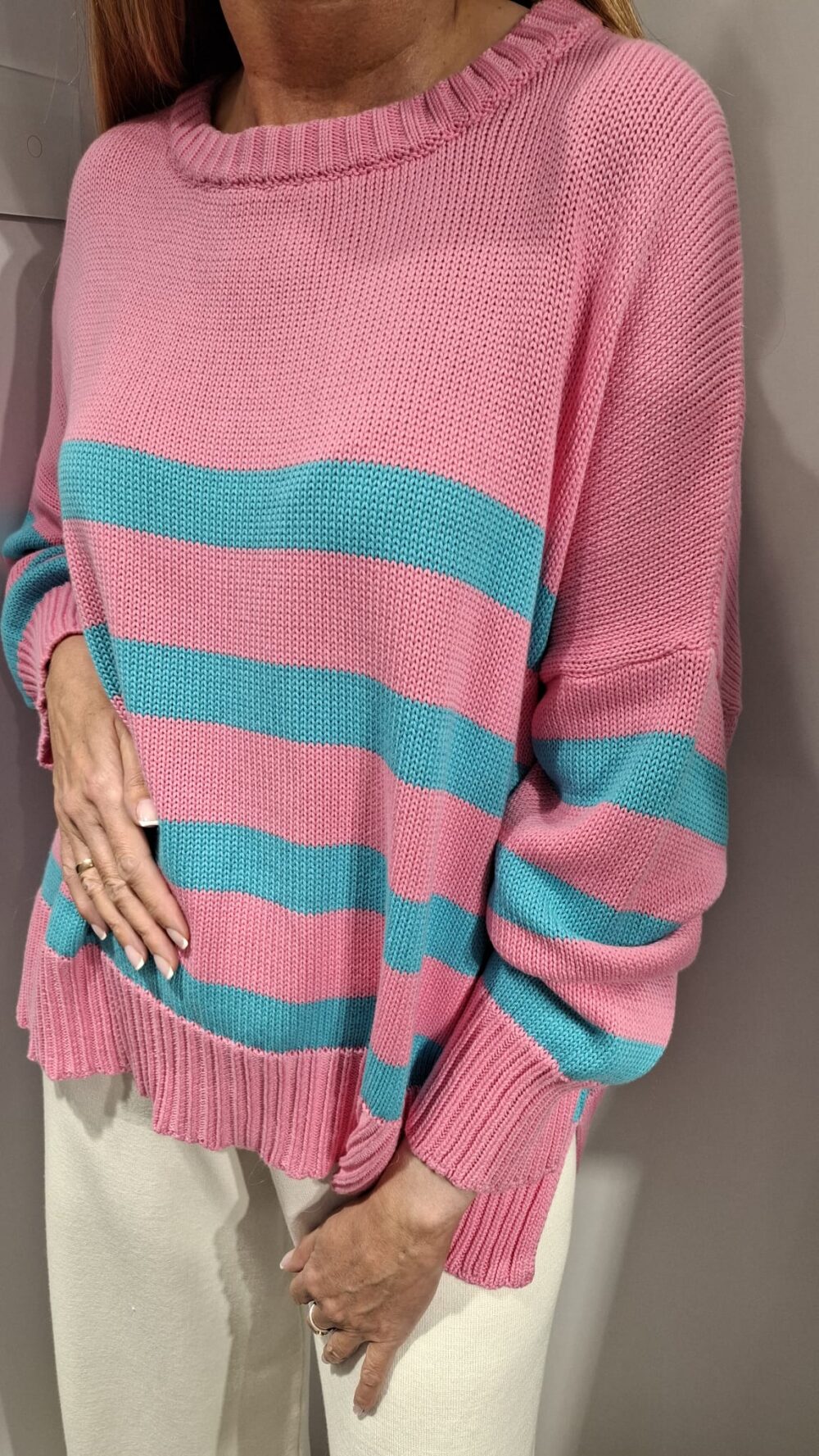 COCOMORE Sweter Oversize w Paski Różowy + Turkusowy NEW - obrazek 3