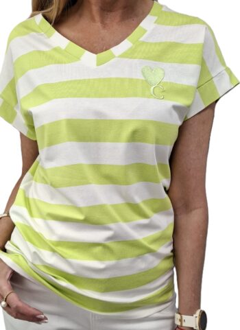 COCOMORE T- shirt Bluzka w Paski z Sercem Biały + Limonka 36/S