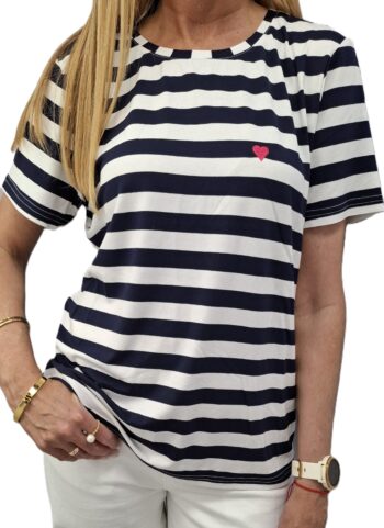 COCOMORE T- shirt Bluzka w Paski z Sercem Biały + Granatowy 40/L